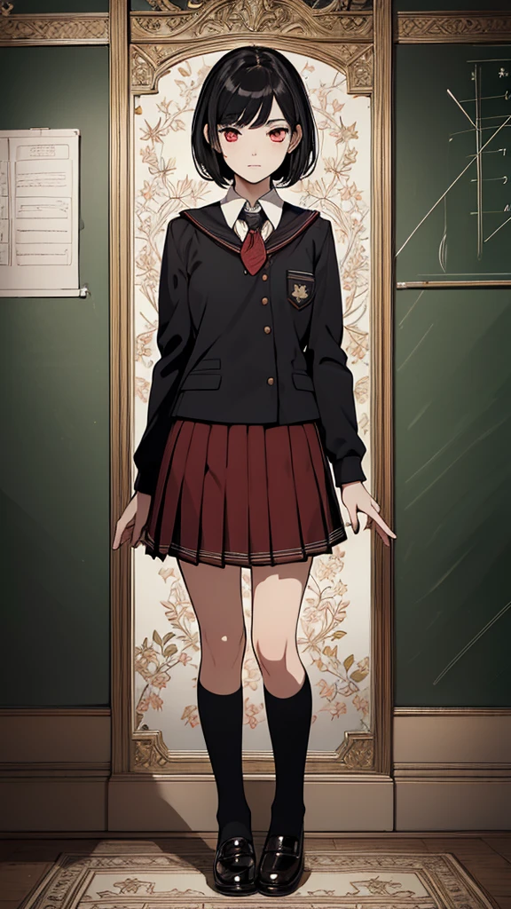 (hyperrealistic), (8K), (extremely detailed), (best illustration), (beautiful detailed eyes), (best quality), (ultra-detailed), (masterpiece), (wallpaper), (detailed face), solo, (school uniform: 1.6), looking at the audience, exquisite details, short black hair, red eyes, (full body: 1.3)