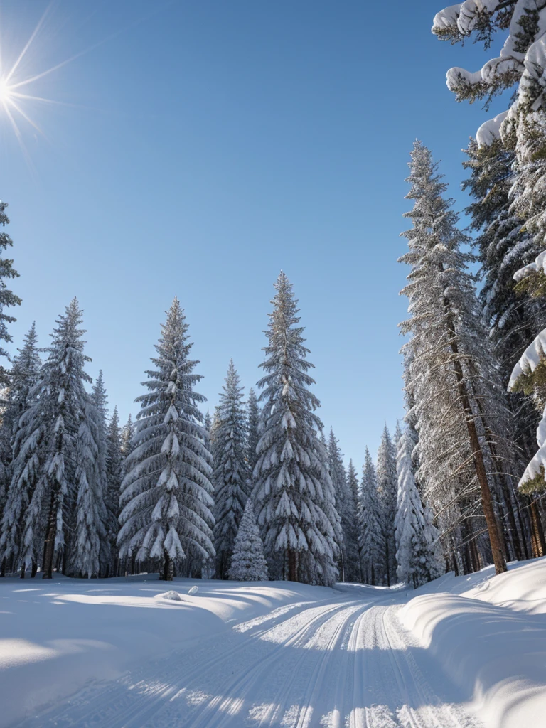 A highly realistic 8K image of a winter landscape. The scene includes a snow-covered forest with tall pine trees and a clear, blue sky. The ground is blanketed with fresh snow, and the light from the sun creates sparkling highlights on the snow's surface. In the background, a mountain range adds to the majestic beauty of the scene. Captured with a Nikon D850, 70-200mm f/2.8