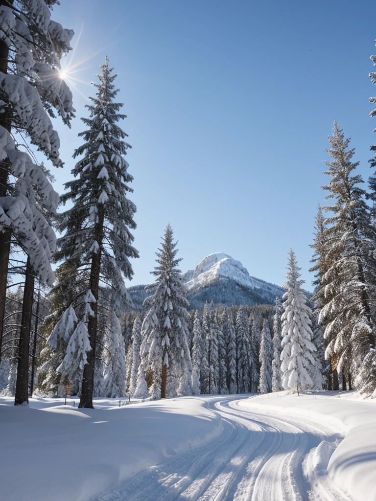 A highly realistic 8K image of a winter landscape. The scene includes a snow-covered forest with tall pine trees and a clear, blue sky. The ground is blanketed with fresh snow, and the light from the sun creates sparkling highlights on the snow's surface. In the background, a mountain range adds to the majestic beauty of the scene. Captured with a Nikon D850, 70-200mm f/2.8