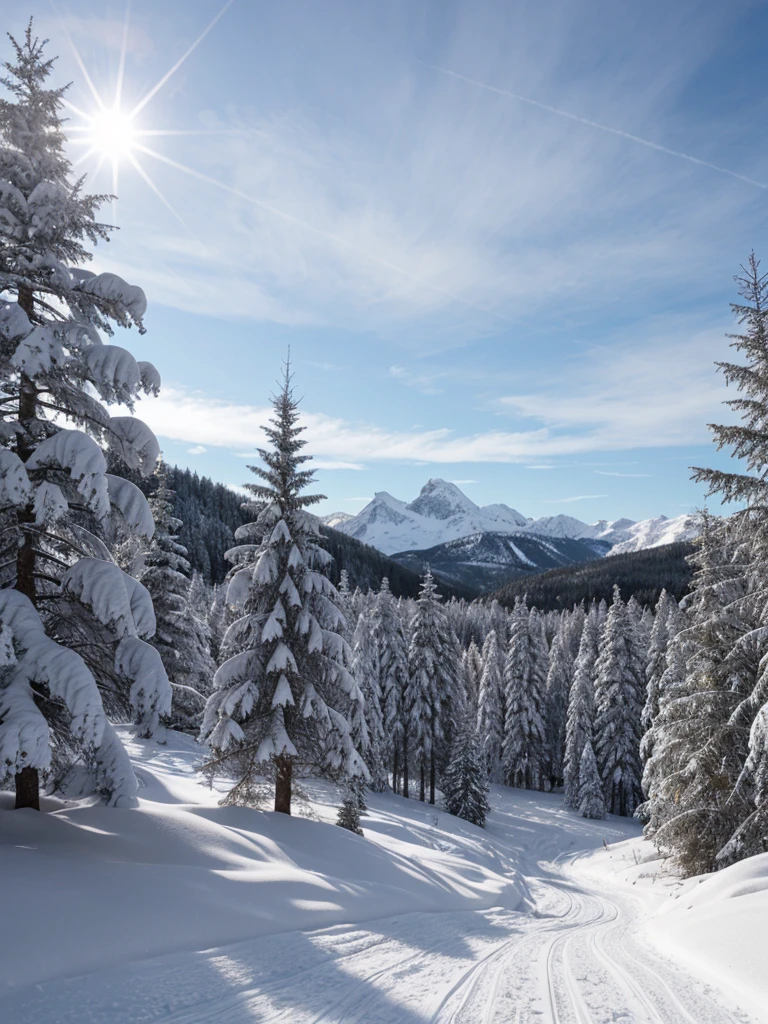 A highly realistic 8K image of a winter landscape. The scene includes a snow-covered forest with tall pine trees and a clear, blue sky. The ground is blanketed with fresh snow, and the light from the sun creates sparkling highlights on the snow's surface. In the background, a mountain range adds to the majestic beauty of the scene. Captured with a Nikon D850, 70-200mm f/2.8