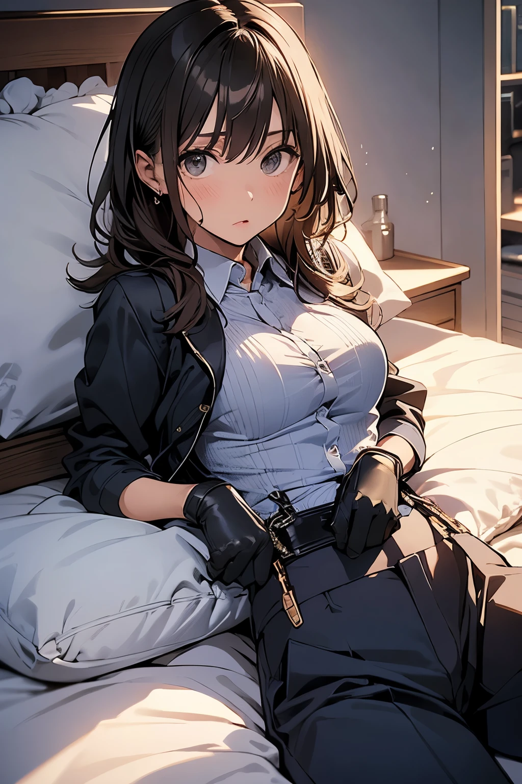 suspenders Moderate breasts Small face holster Beautiful woman Lying in bed Looking up Sweat belt summer 脇Sweat Black Hole Gloves suit shirt Black jacket Black trousers Gun possession Armament