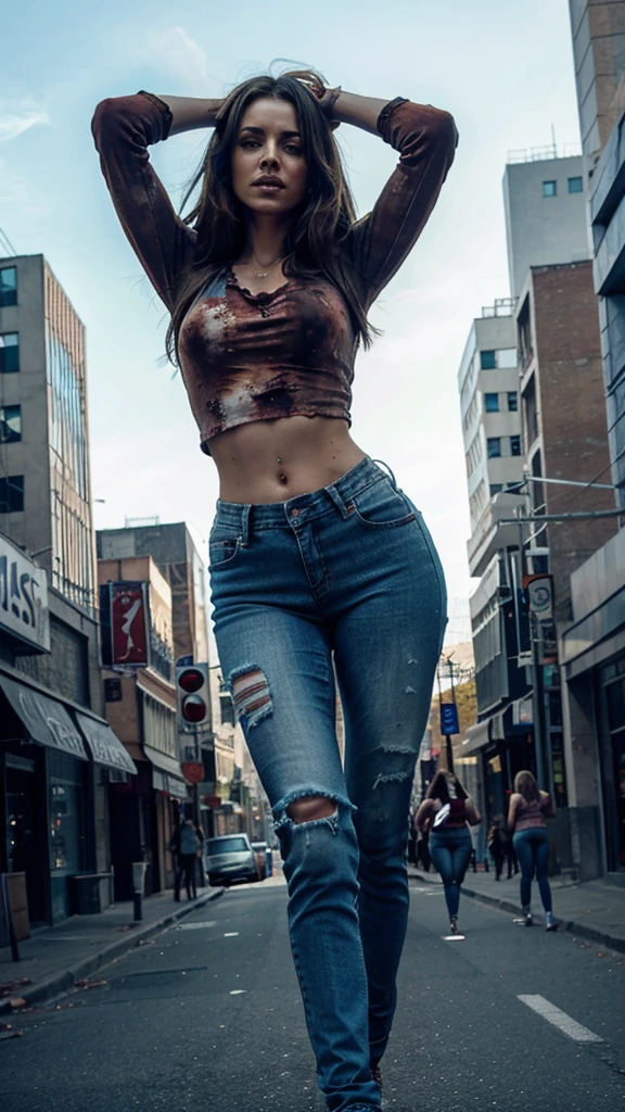 a zombie city, with beautiful women running for their lives wearing tight jeans