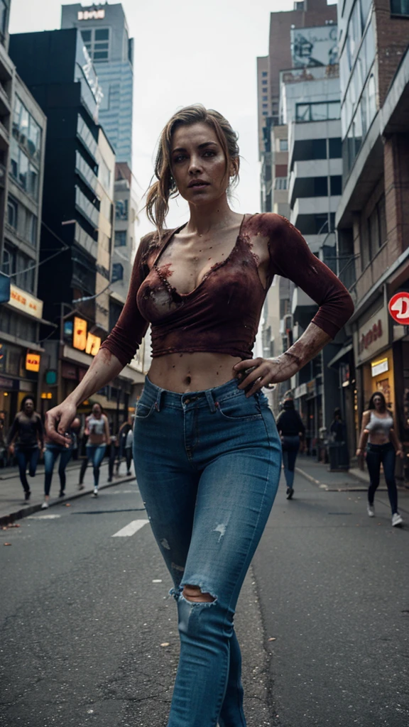a zombie city, with beautiful women running for their lives wearing tight jeans