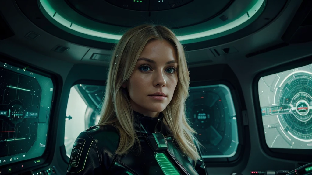 beautiful milf, blonde hair, light green eyes, looking at the camera, operating a spaceship cockpit, screens and controls around, dressed in a futuristic black space suit, interior spaceship background