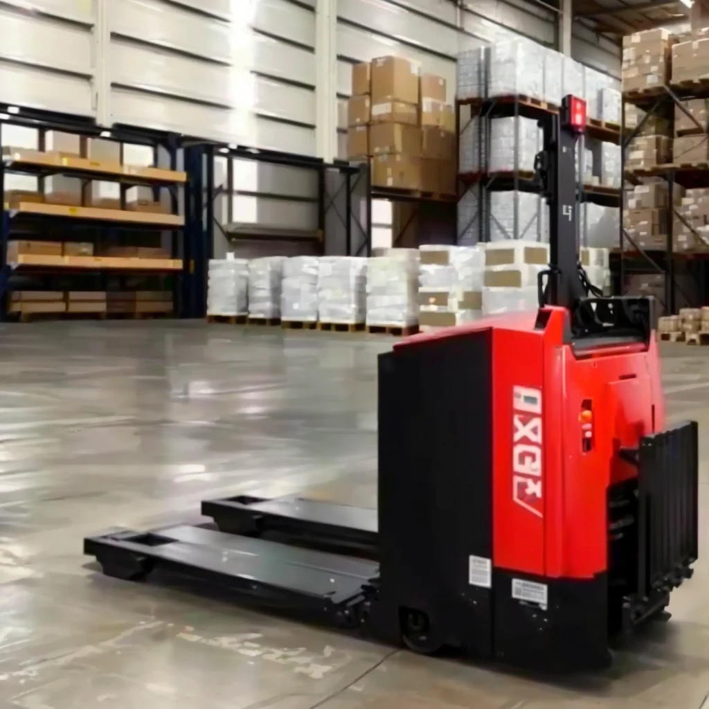 a close up of a forklift in a warehouse with stacks of boxes, In warehouse, high quality photo, in a warehouse, instagram post, a stranger, by Jason Felix, instagram photo, car, whole body, whole body, F 2. 0, pallette, Black steel with red trim, looking back, c 12.0, High quality image, With forward exit