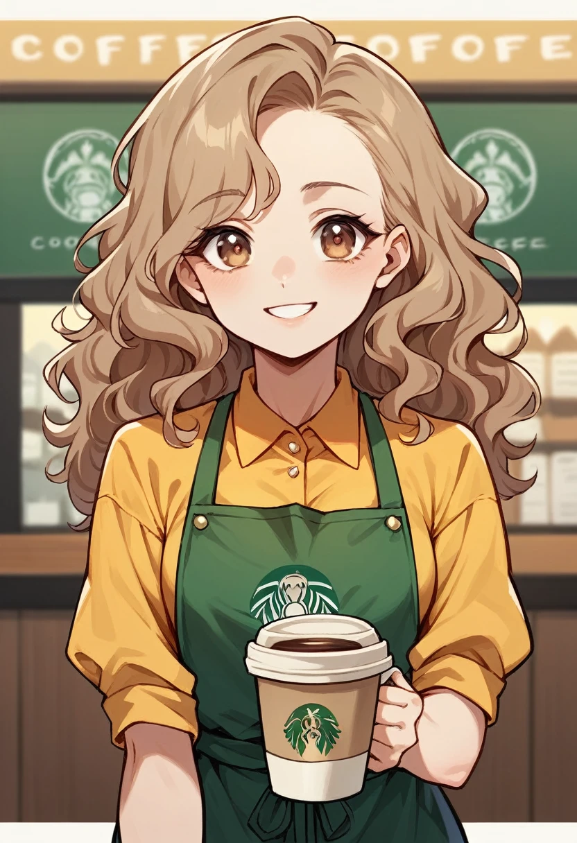 1 girl, ( light brown skin), (body so pronounced), (brown wavy hair), (honey eyes smile) (Coffee shop background), (She is worked)