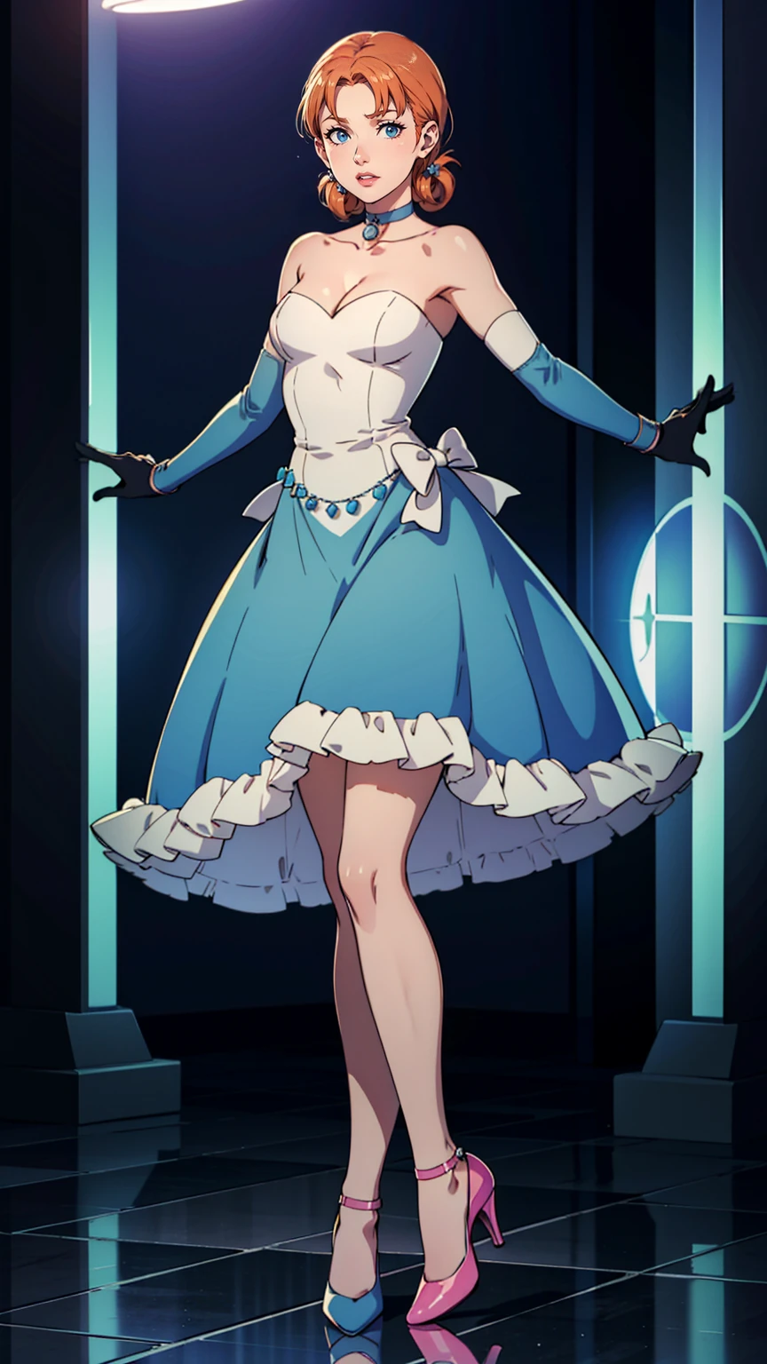 ((Full body photo, standing, feet on the floor))annette_war, blue eyes, orange hair, blue dress, long blue dress, blue strapless dress, long white elbow gloves, smile, light pink lipstick, purple eye shadow, makeup, black choker, cowboy shot, best quality, 1 girl, uranus,(Young),bad_smile, small breasts, looking_at viewer, evening dress, Cleavage, just_shoulders, choker, elbow gloves, crossed legs, fishnet stockings, bottom, elegant shoes, high heels, shoe soles, full body, close-up, point of view, nightclub background