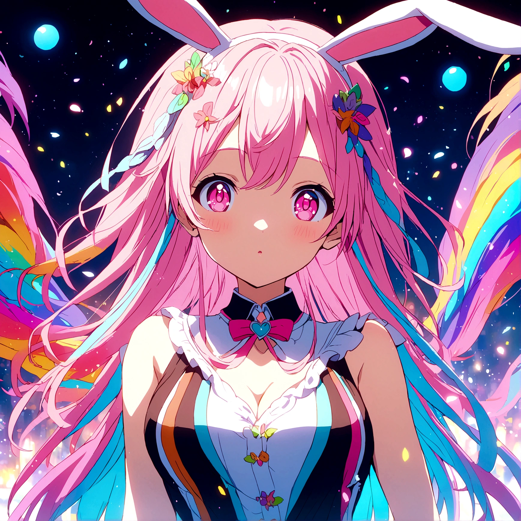 Anime girl with bunny ears pink hair pink eyes 