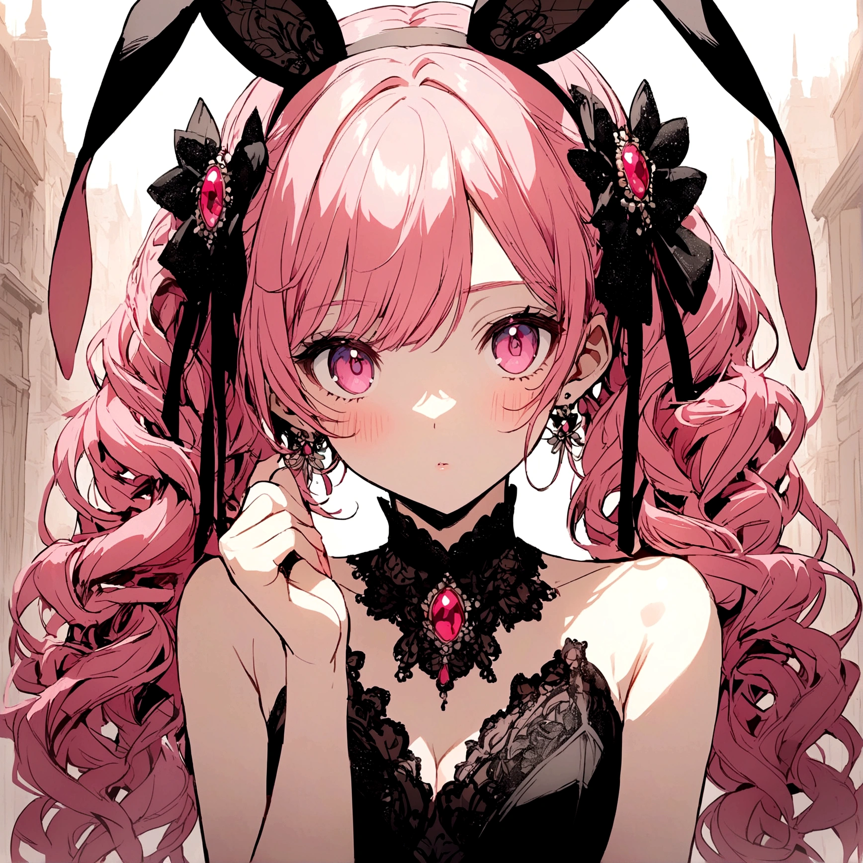Anime girl with bunny ears pink hair pink eyes