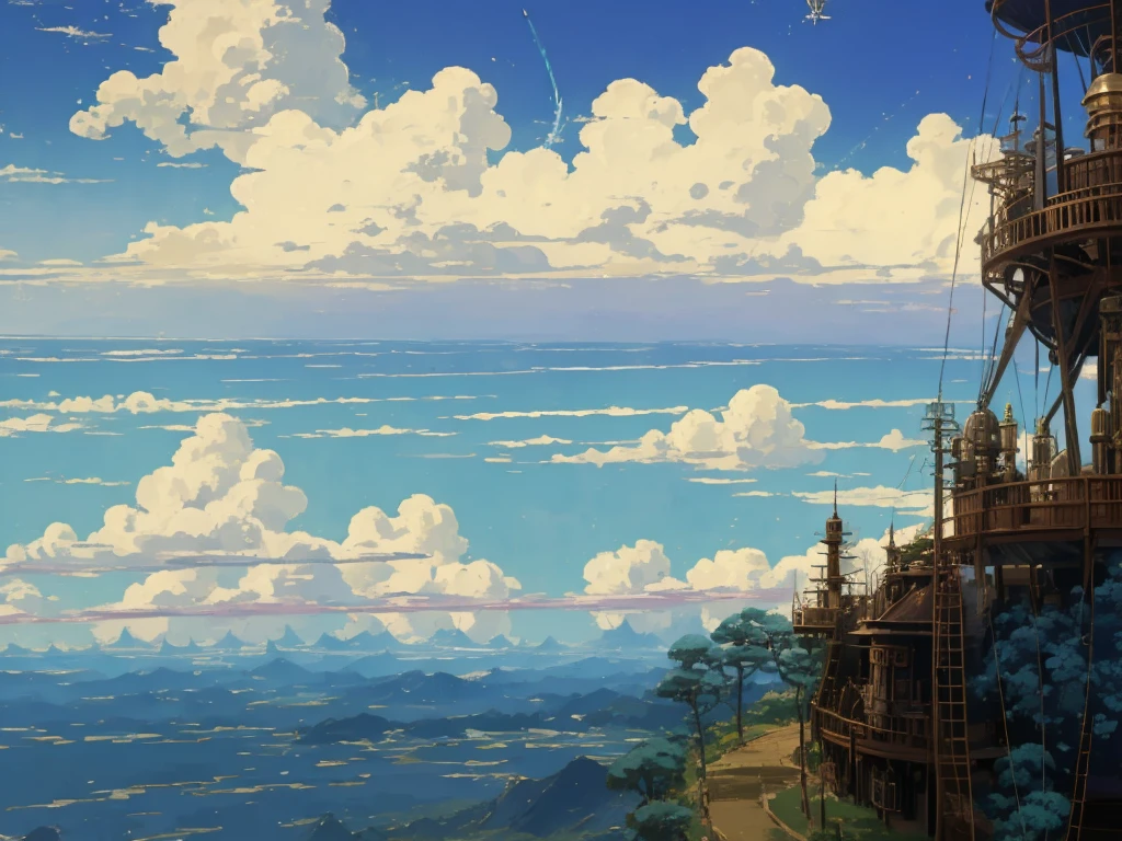 DVD screengrab from studio ghibli movie, beautiful steampunk observatory, clouds on blue sky, designed by Hayao Miyazaki, retro anime