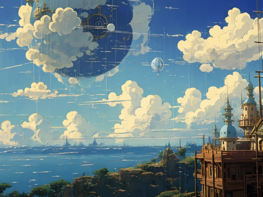 DVD screengrab from studio ghibli movie, beautiful steampunk observatory, clouds on blue sky, designed by Hayao Miyazaki, retro anime