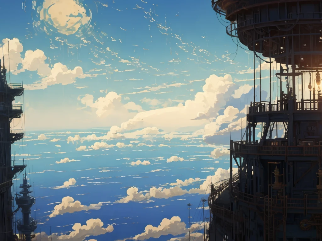 DVD screengrab from studio ghibli movie, beautiful steampunk observatory, clouds on blue sky, designed by Hayao Miyazaki, retro anime