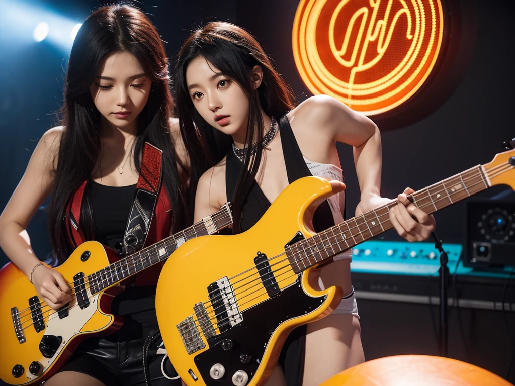 crie uma imagem baseada nessa descriçao: 🎵 Song Name: Blazing Hearts 🎵 Genre: K-pop 🎵 Tone: Energetic and Empowering 🎵 Instrument Selection: Synthesizer, Drums, Bass, Electric Guitar, sem mãos extras, sem guitar extra, sem pernas extras