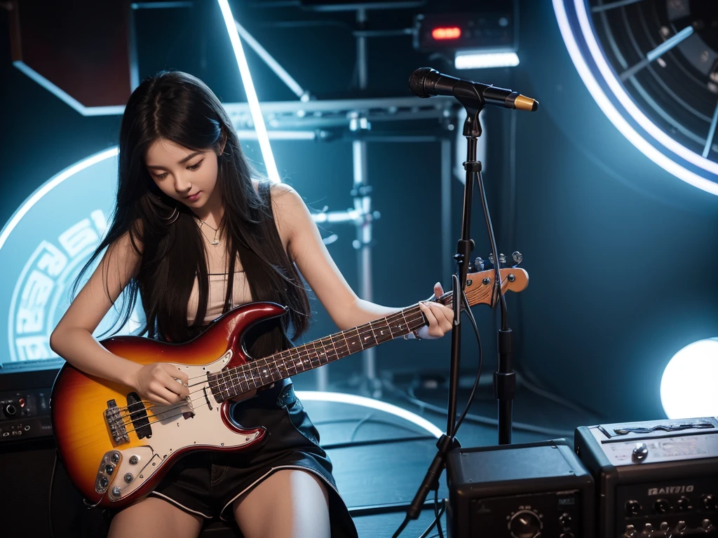 crie uma imagem baseada nessa descriçao: 🎵 Song Name: Blazing Hearts 🎵 Genre: K-pop 🎵 Tone: Energetic and Empowering 🎵 Instrument Selection: Synthesizer, Drums, Bass, Electric Guitar, sem mãos extras, sem guitar extra, sem pernas extras