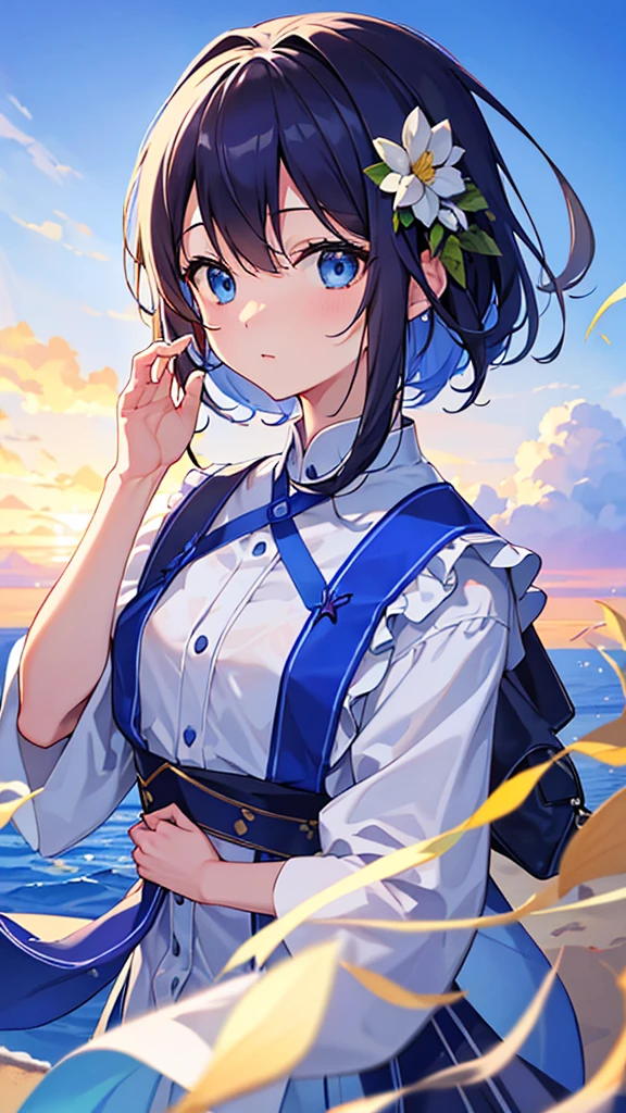 Movement、High resolution 美しい青い目、Systemic manifestations、One personの女の子、One person、blue sky背景、bright、blue sky、cloud、sunny、student、Young people、Blue and white main colors、Solo Focus、like、accessories、Beautiful hairstyle、Beautiful Eyes、 High resolution、Zoom out、quality(8K、Small exposure、High definitionCGユニットwallpaper、masterpiece、High resolution、最高quality、最高quality、Surreal、Increase the resolution、最高quality、High definition、wallpaper、Cinema Lighting、Ray Tracing、Golden Ratio\)、