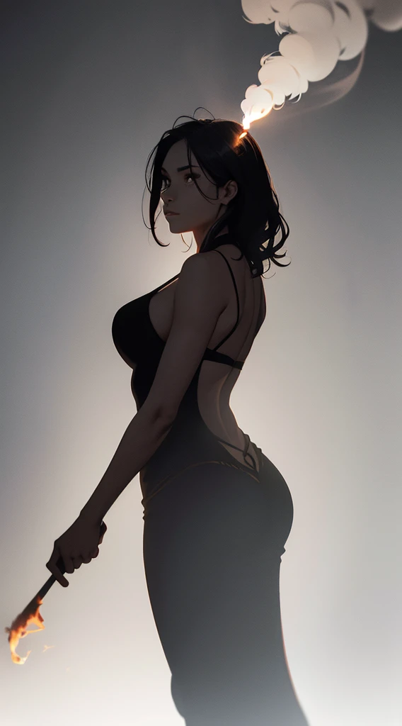A stunning photorealistic image of an upright wooden match whose smoke resembles the vague silhouette of the female form. Set against a black background.