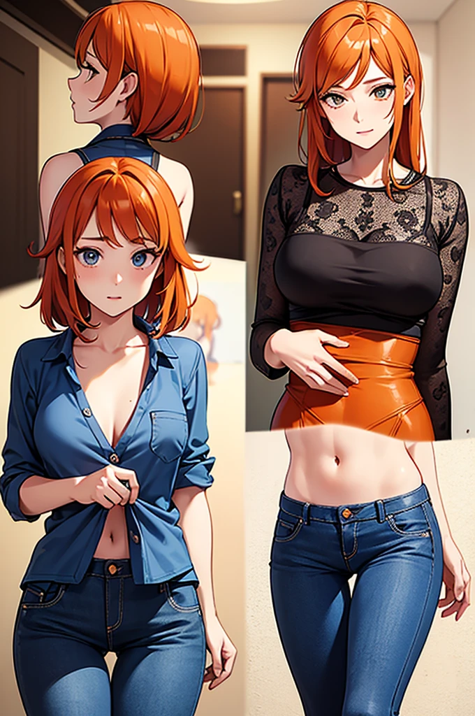 (masterpiece), best quality, expressive eyes, perfect face, detailed hands, detailed anatomy, perfect anatomy, nami, Orange Hair, From Behind, skinny jeans