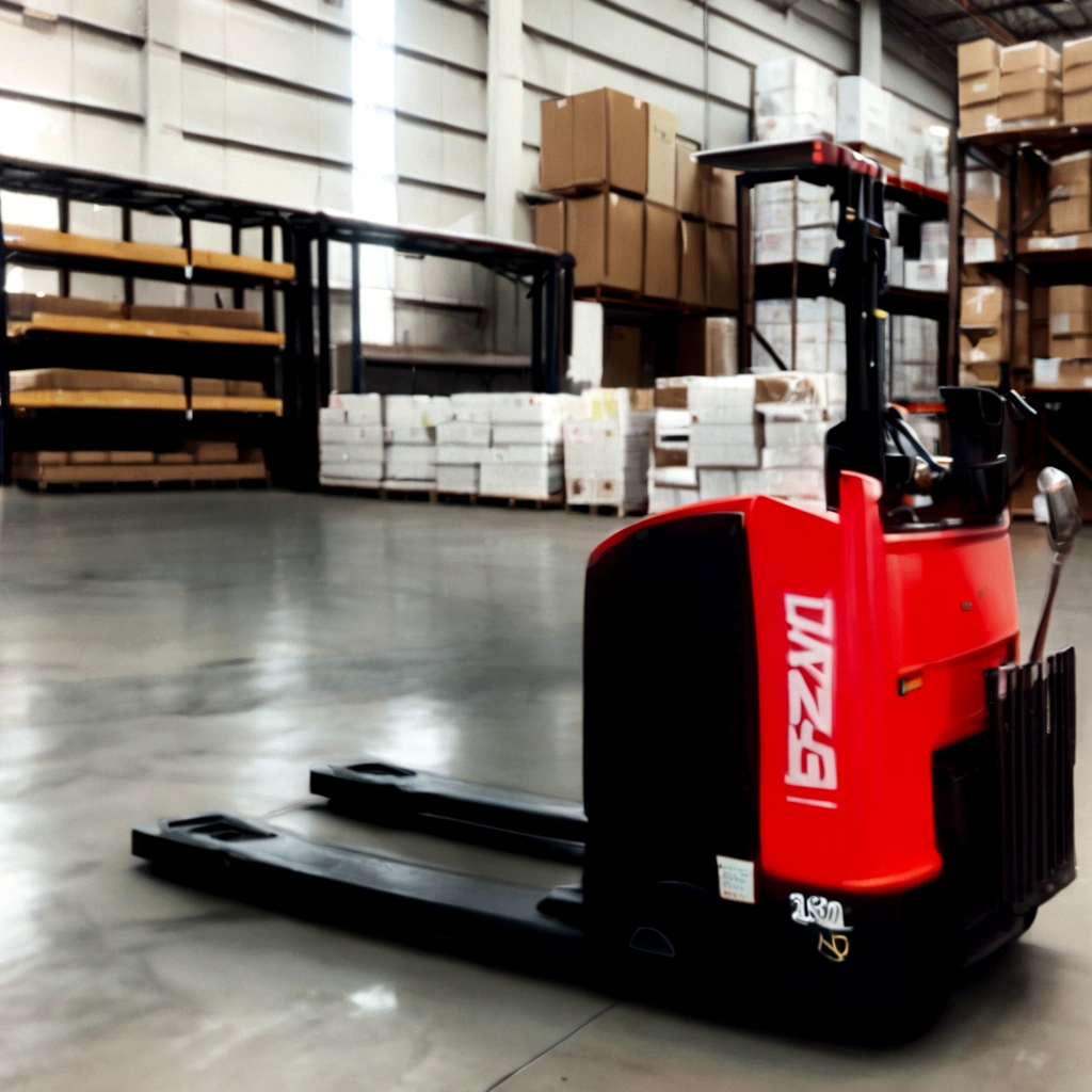 a close up of a forklift in a warehouse with stacks of boxes, In warehouse, high quality photo, in a warehouse, instagram post, a stranger, by Jason Felix, instagram photo, car, whole body, whole body, F 2. 0, pallette, Black steel with red trim, looking back, c 12.0, High quality image, With forward exit