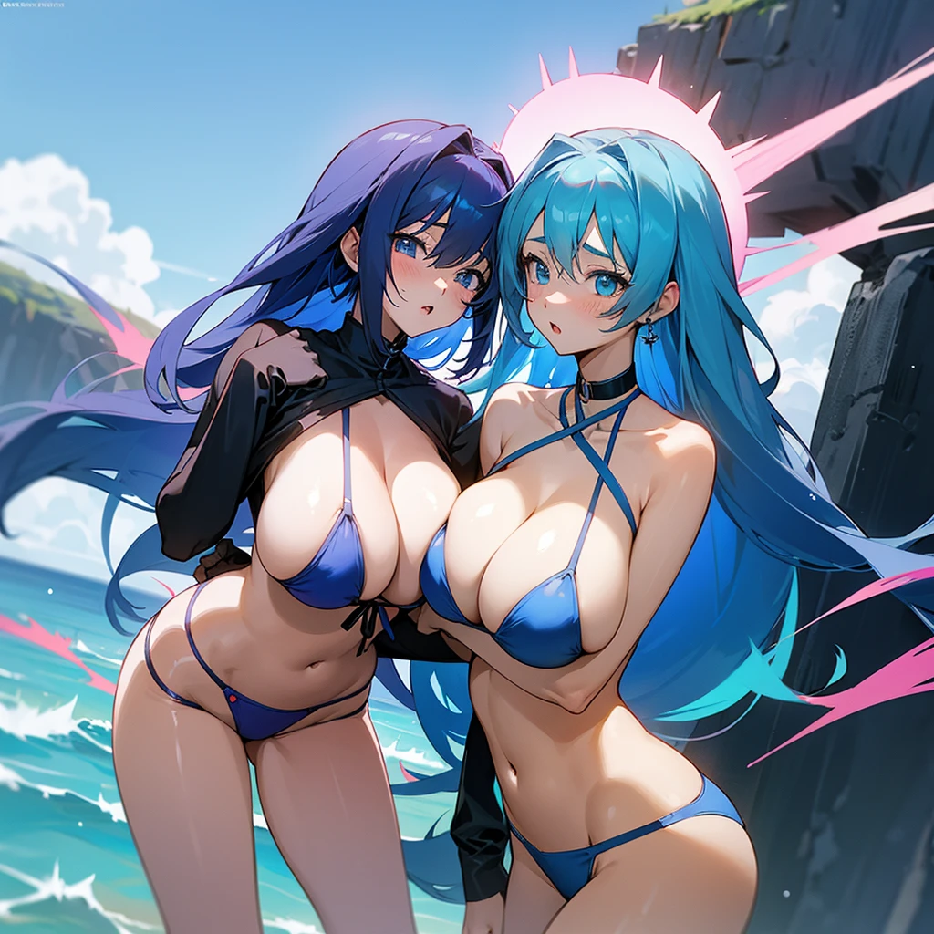 Two anime girls with huge tits press their breasts against each other, both are wearing a blue skimpy bikini