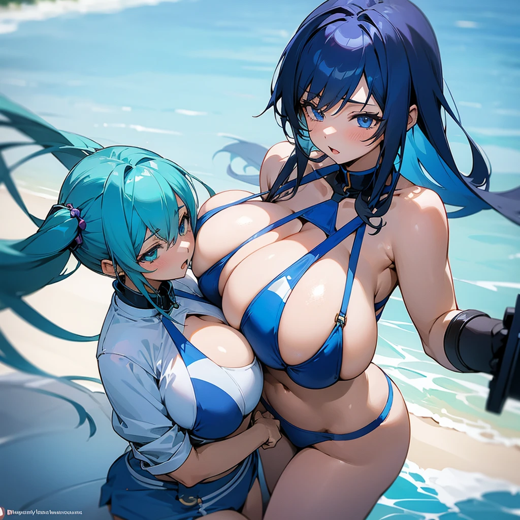 Two anime girls with huge tits press their breasts against each other, both are wearing a blue skimpy bikini