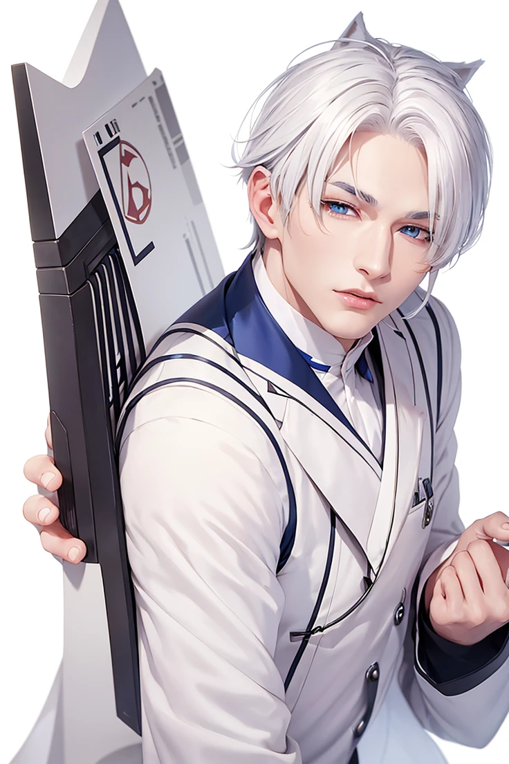 Lekorean male with white hair, white fox ears on his head, blue eyes, very plump lips, sharp facial features,a medicine doctor, slim body and face, dark background, 
