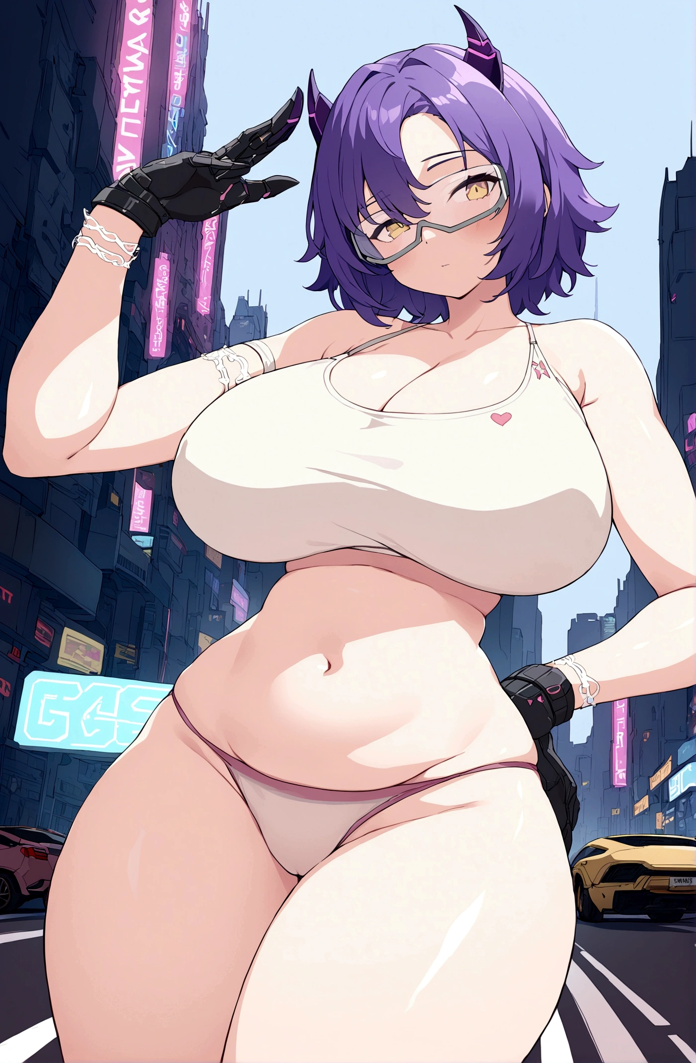 Slim girl, huge tits, standing at the middle of road, wearing black purple hoodie with (big oversized metal cyberpunk military power gloves), wearing cyber glasses, neon city, at night, cars, cybernetic horns