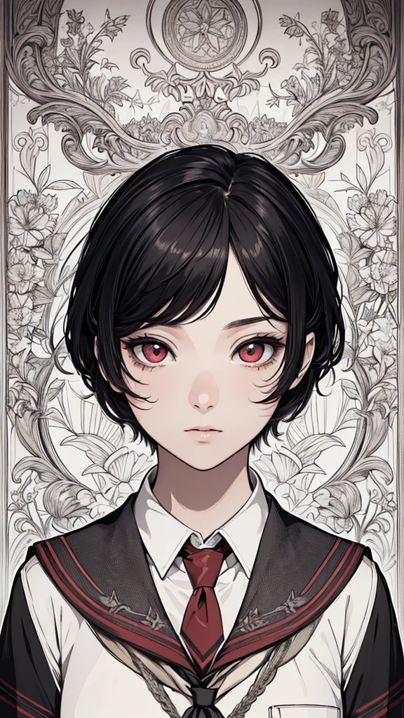 (hyperrealistic), (8K), (extremely detailed), (best illustration), (beautiful detailed eyes), (best quality), (ultra-detailed), (masterpiece), (wallpaper), (detailed face), solo, (school uniform: 1.3), looking at the audience, exquisite details, short black hair, red eyes, (full body: 1.3)