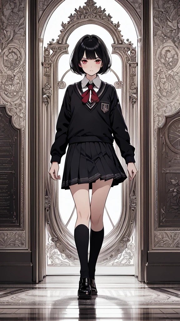 (hyperrealistic), (8K), (extremely detailed), (best illustration), (beautiful detailed eyes), (best quality), (ultra-detailed), (masterpiece), (wallpaper), (detailed face), solo, (school uniform: 1.3), looking at the audience, exquisite details, short black hair, red eyes, (full body: 1.3)