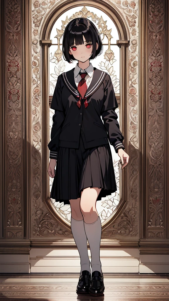 (hyperrealistic), (8K), (extremely detailed), (best illustration), (beautiful detailed eyes), (best quality), (ultra-detailed), (masterpiece), (wallpaper), (detailed face), solo, (school uniform: 1.3), looking at the audience, exquisite details, short black hair, red eyes, (full body: 1.3)