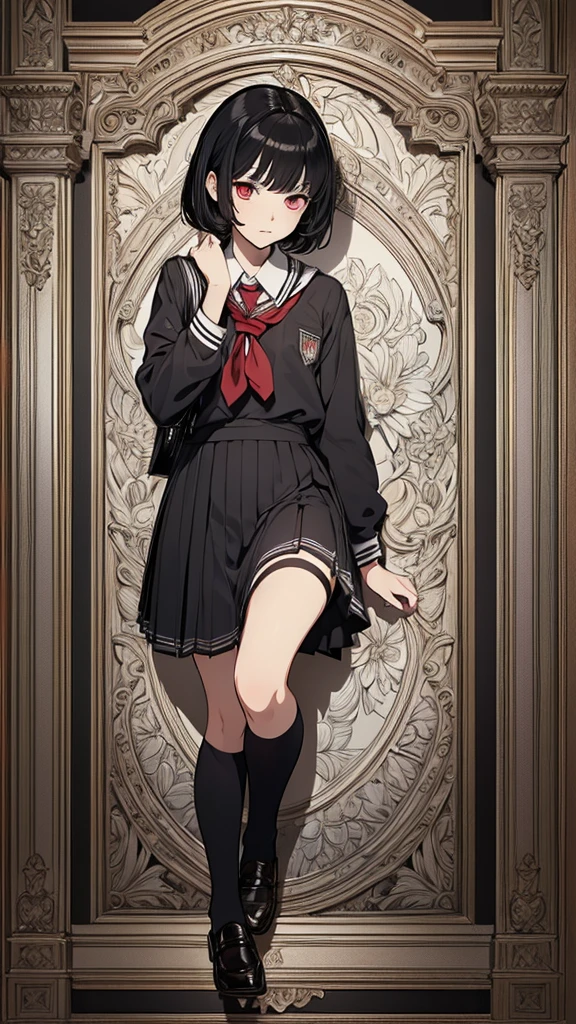 (hyperrealistic), (8K), (extremely detailed), (best illustration), (beautiful detailed eyes), (best quality), (ultra-detailed), (masterpiece), (wallpaper), (detailed face), solo, (school uniform: 1.3), looking at the audience, exquisite details, short black hair, red eyes, (full body: 1.3)