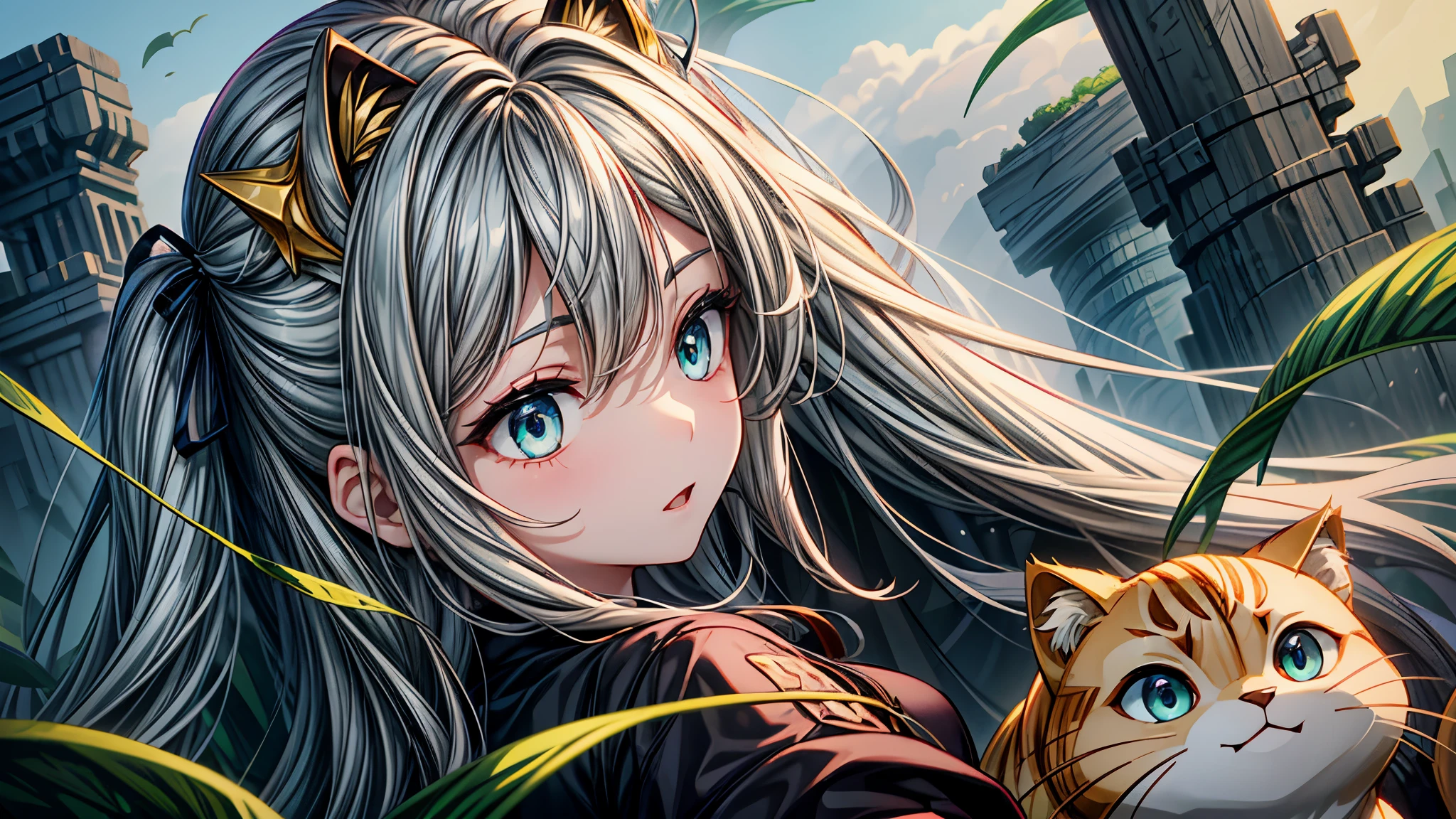 1 girl in、Eyes swaying anxiously、profile、Prone to the right、Eyelids lowered、Gray hair、Longhaire、Green eyes、On the sides of the head are attached golden cat-shaped hairpins