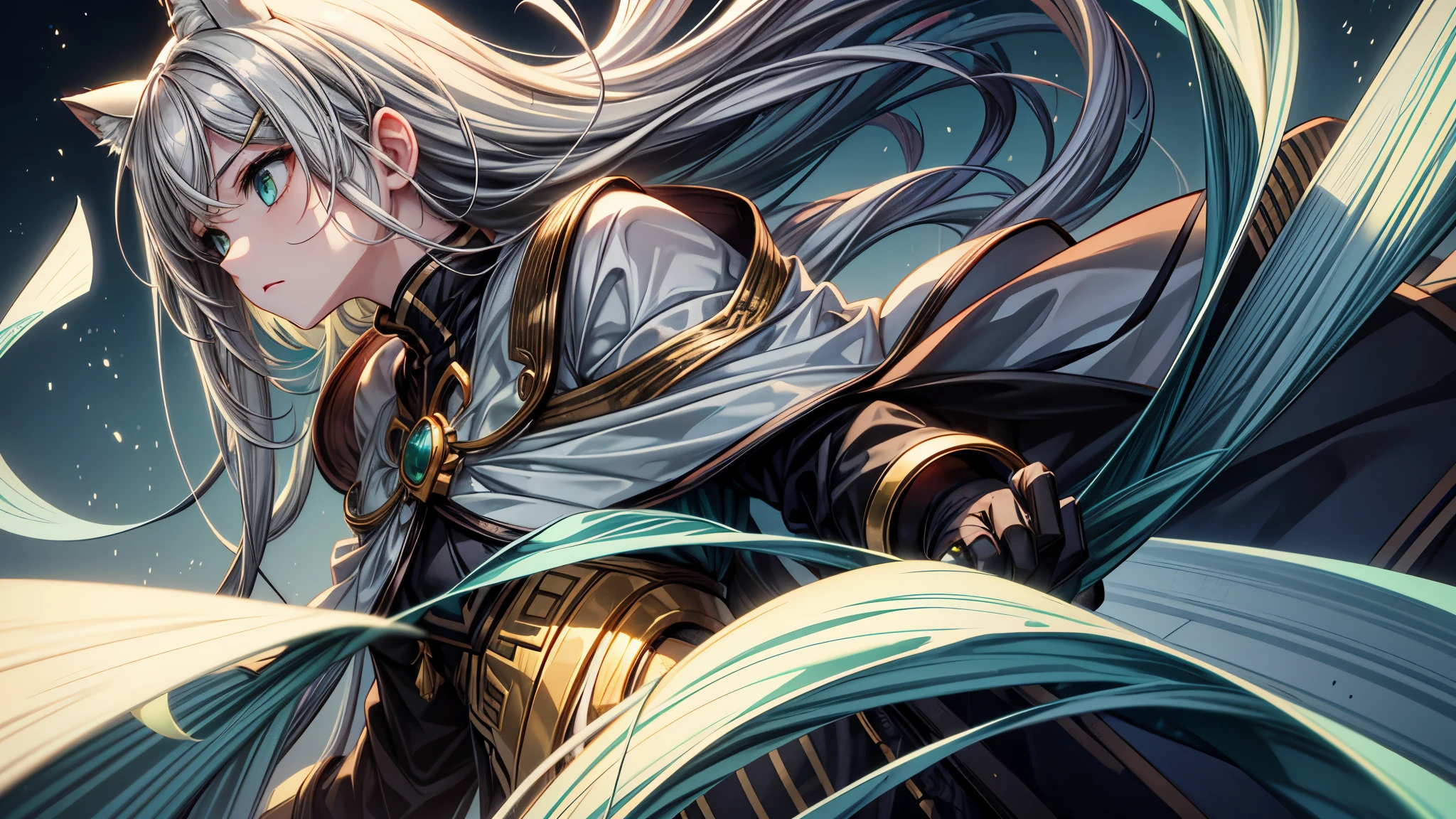 1 girl in、Eyes swaying anxiously、profile、Prone to the right、Eyelids lowered、Gray hair、Longhaire、Green eyes、On the sides of the head are attached golden cat-shaped hairpins