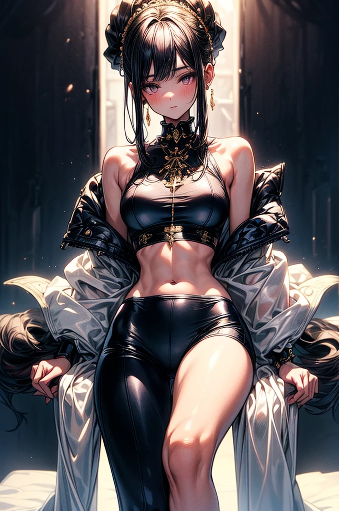 ((highest quality)),(ultra high resolution),(Super detailed),(detailed description),((best CG)),(best work of art),super precision art, great drawing art,(Art with precise details:1.5), (1 woman:1.5), beautiful and well-shaped face:1.5,(Beautiful skin with precise and detailed depiction:1.6),(Halter neck crop top, knee length gym shorts ),gorgeous, masterpiece, best quality, high-resolution, finely detailed, extremely detailed and beautiful, distinct-image, 1 girl, solo, sharp facial features, oval shaped face. cherry pink lips, lightly tanned white skin. velvet-colored eyes, C-cup breasts, tall height(175cm), slim yet chiseled body type, short shoulder length dark violet-black hair, small narrow waist, long and slender legs, curvy wide hips, elegant gothic courtyard setting