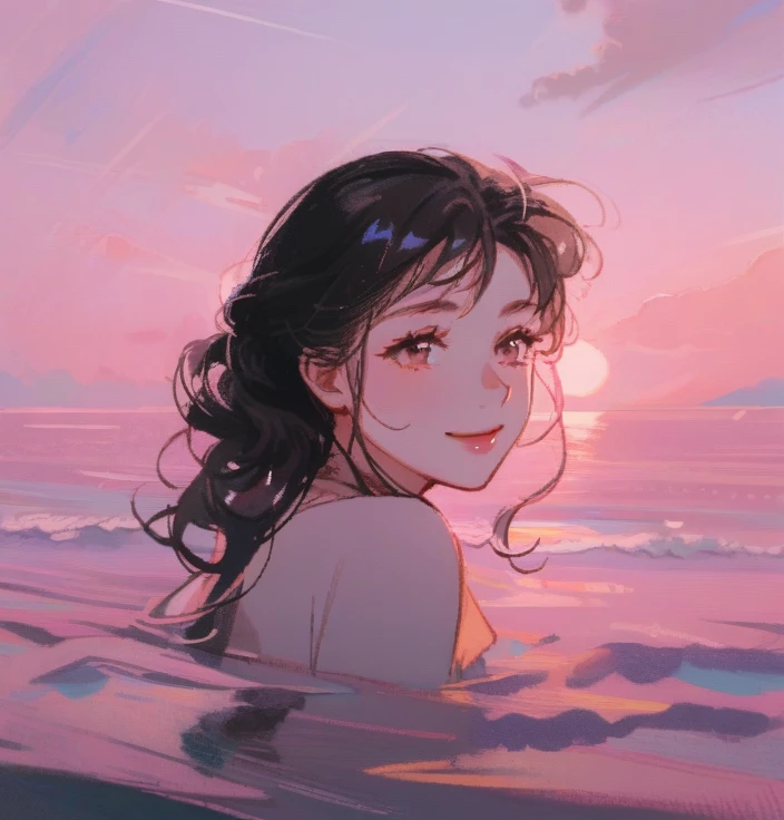 1girl,solo,long curly hair,smile,black hair,dress,open eyes,pink sea,pink sky,day