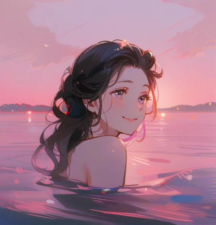 1girl,solo,long curly hair,smile,black hair,dress,open eyes,pink sea,pink sky,day