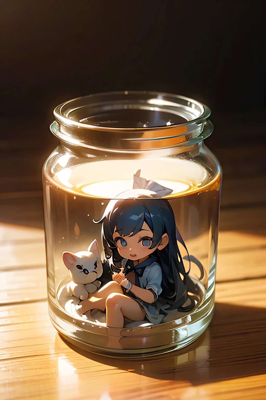 3D-illustration of a very cute girl figure in a jar, Masterpiece((must)), Palm-sized, cute, The face is dense((must)), tiny miniature