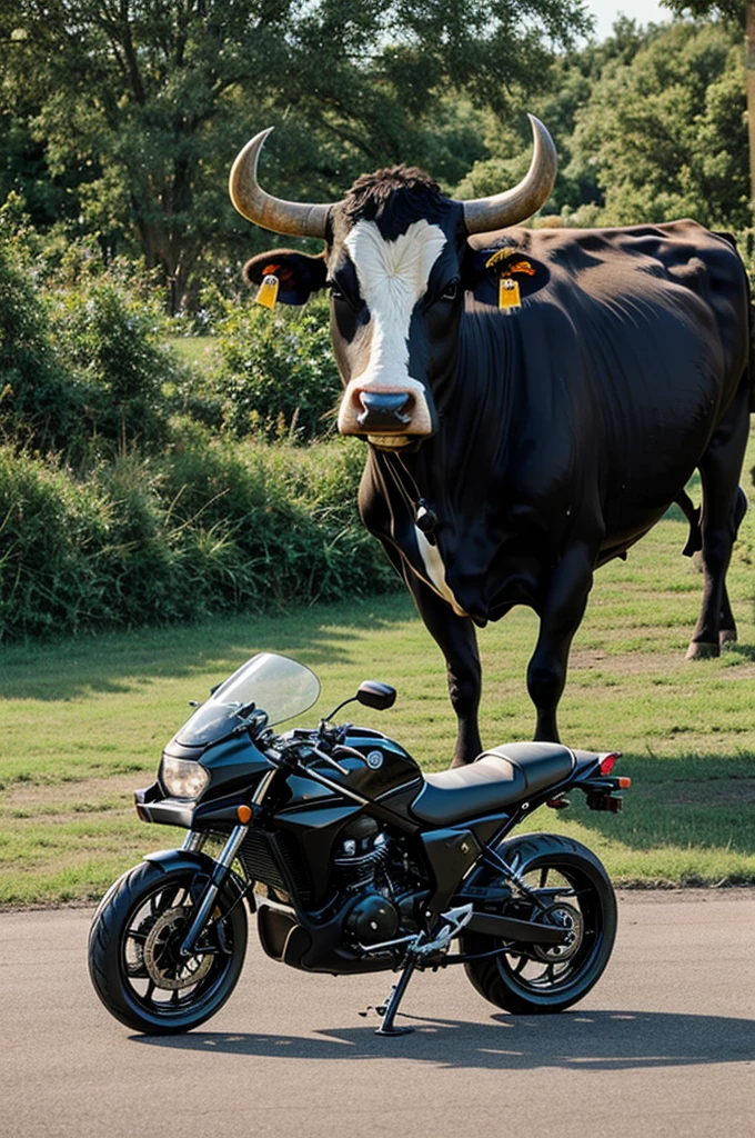 A cow with a bull on a motorcycle 
