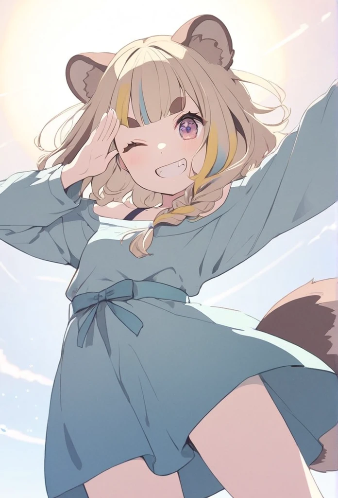 anime,(pale colors:1.8),long shot, 1girl, solo, (on right:1.3), full body, solo, grin, smile, closed one eye, dynamic angle, salute, fang, light yellow hair, racoon ears, racoon tail, (brown streaked hair:1.3), side braid, (blunt bangs), wavy hair,thick eyebrows, offshoulder clothes, sun background,