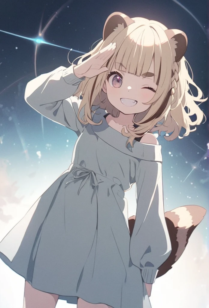 anime,(pale colors:1.8),long shot, 1girl, solo, (on right:1.3), full body, solo, grin, smile, closed one eye, dynamic angle, salute, fang, light yellow hair, racoon ears, racoon tail, (brown streaked hair:1.3), side braid, (blunt bangs), wavy hair,thick eyebrows, offshoulder clothes, sun background, 