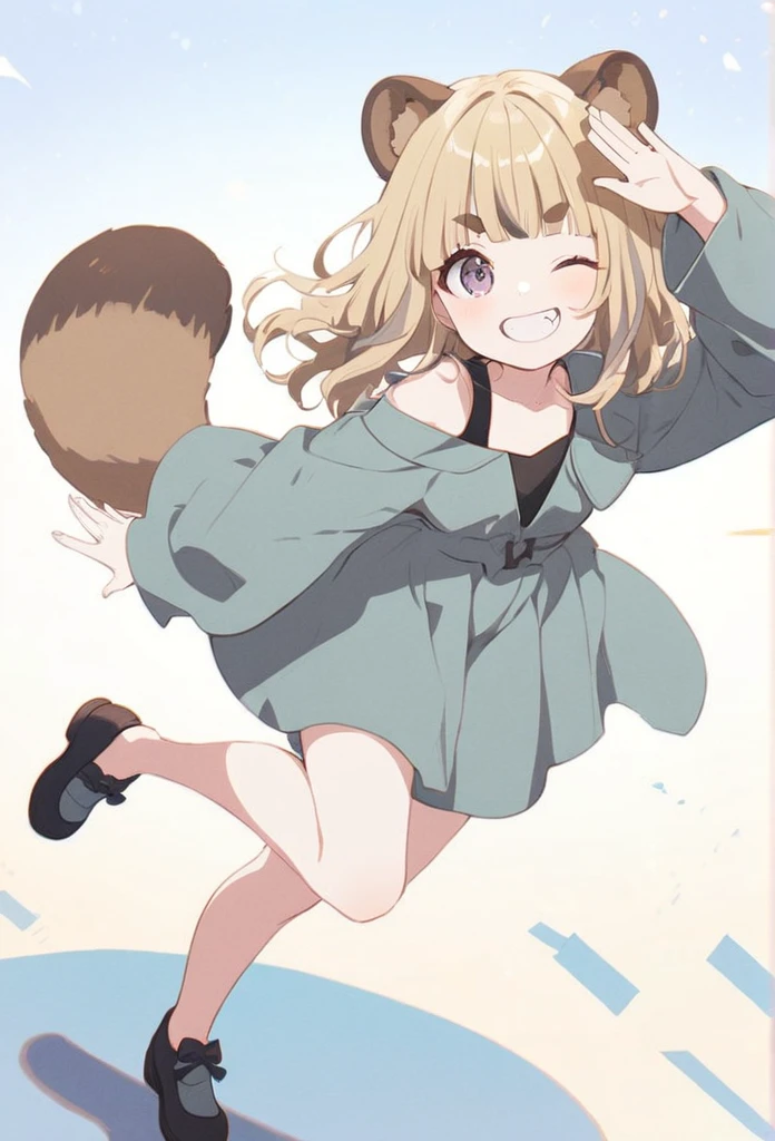 anime,(pale colors:1.8),long shot, 1girl, solo, (on right:1.3), full body, solo, grin, smile, closed one eye, dynamic angle, salute, fang, light yellow hair, racoon ears, racoon tail, (brown streaked hair:1.3), side braid, (blunt bangs), wavy hair,thick eyebrows, offshoulder clothes, sun background,