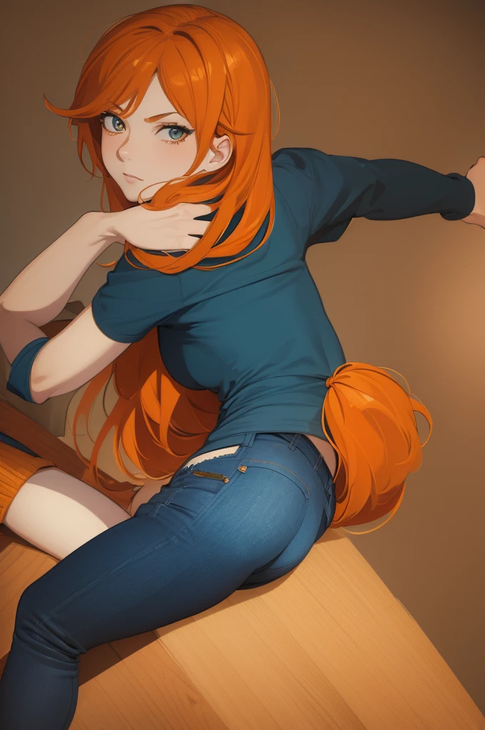 (masterpiece), best quality, expressive eyes, perfect face, detailed hands, detailed anatomy, perfect anatomy, nami, Orange Hair, From Behind, skinny jeans