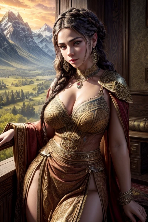 A beautiful, intricate full body portrait of a dwarven woman, delicate facial features, piercing eyes, full lips, intricate hairstyle with braids and jewels, wearing an ornate, detailed dress with intricate embroidery and patterns, full figure, set against a fantasy landscape background with mountains, forests, and a glowing sky, (best quality,4k,8k,highres,masterpiece:1.2),ultra-detailed,(realistic,photorealistic,photo-realistic:1.37),concept art, cinematic lighting, dramatic shadows, glowing warm colors, rich textures
