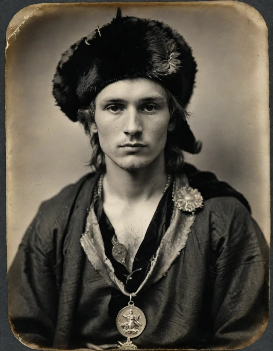 ((((Realistic, rough monochrome, daguerreotype on old paper, male focus)))), the composition is: (((a 20 year old male Russian brigand, sullen, muscular, facing viewer. He is wearing a fur hat. He is wearing a black caftan with Praetorian elements, sashes, medals, lozenge shape pendants, Hellenistic elements)))