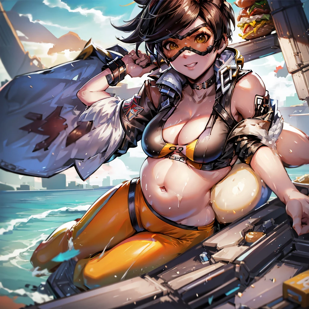 Fat Tracer from overwatch with a big belly and breasts, noticeably fat, sitting while eating junk food. She is surrounded by hamburgers, French fries, and soft drinks, with a satisfied expression on his face