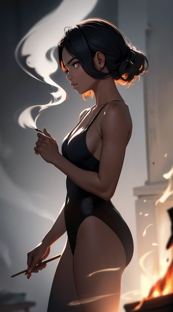 A stunning photorealistic image of an upright wooden match whose smoke resembles the vague silhouette of the female form. Set against a black background.