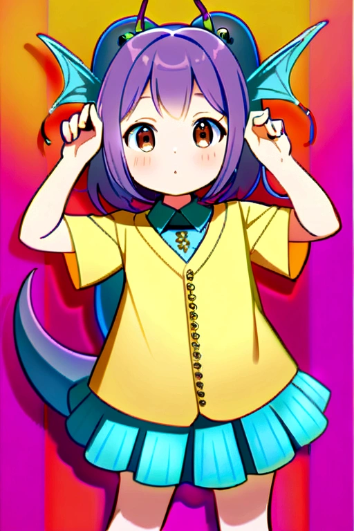 6  girl with purple hair, Brown eyes, 2 antennas on his head, a yellow shirt and a blue skirt, and a small lizard tail