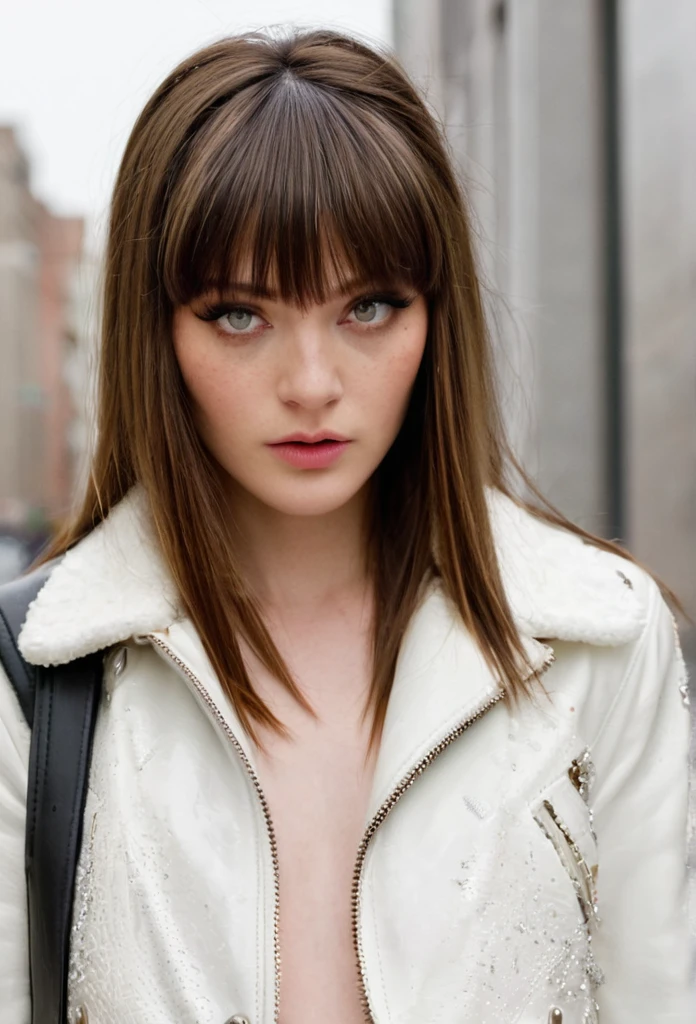 masterpiece, highres, screen shot, best quality, 1girl, (scar on left eye), white cropped jacket, highly detailed, rule of thirds, jewelry, long hair, bangs, hair between eyes nude
