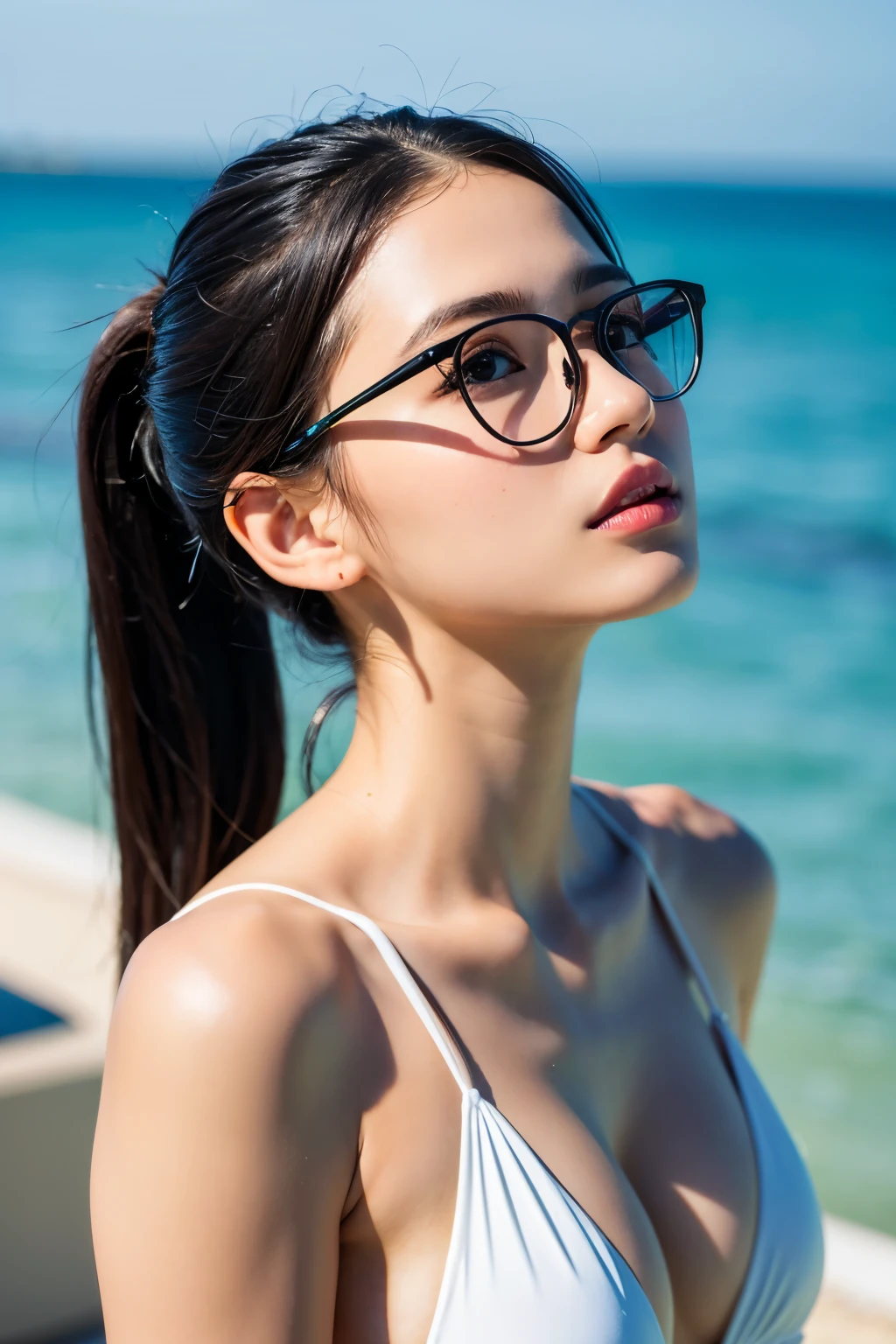 ((Highest quality)), ((masterpiece)), (detailed), One girl, gentlemen,Glasses,White swimsuit,Black Hair,intellectual,ponytail,Looking up,