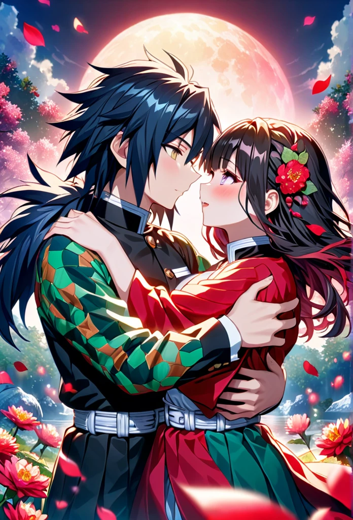 Ultra detailed, highres, absurdres, HDR, master piece, anime girl, pretty woman with white long hair with deep red streaks, girl with yellow eyes, the girl is using a red haori, black demon slayer uniform, Kimetsu No Yaiba, fantasy, petals, red flowers, pretty, Tomioka Giyu, Water Hashira, Tomioka huging, romance, magic, sun, daylight, florest, best quality, extremely detailed face, love, passion, romance, anime, they are realy in love, love hug