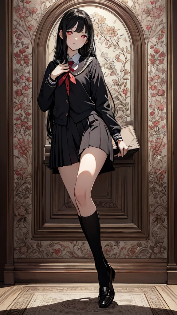 (hyperrealistic), (8K), (extremely detailed), (best illustration), (beautiful detailed eyes), (best quality), (ultra-detailed), (masterpiece), (wallpaper), (detailed face), solo, (school uniform: 1.3), looking at the audience, exquisite details, black hair, long hair, red eyes, (full body: 1.3)